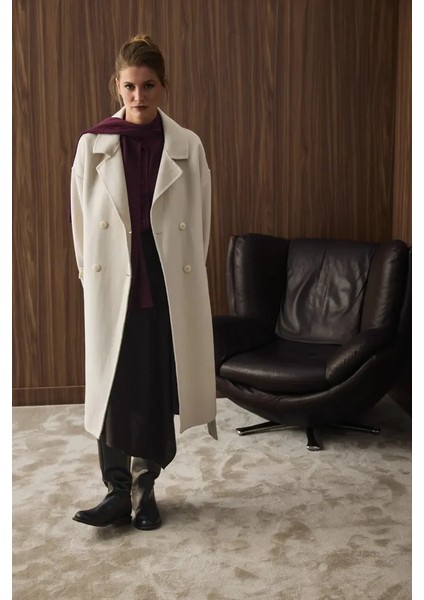 Kruvaze Astarsız Yün Kaban - Ekru