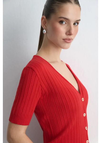 Kısa Kollu Ribana Triko Hırka - Kırmızı