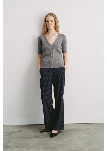 Kısa Kollu Ribana Triko Hırka - Gri