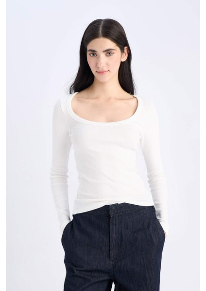 Slim Fit Dar Kesim Basic Düz Fitilli Kaşkorse Uzun Kollu Beyaz Tişört E5768AX25SP