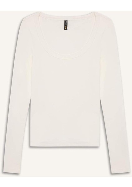 Slim Fit Dar Kesim Basic Düz Fitilli Kaşkorse Uzun Kollu Beyaz Tişört E5768AX25SP