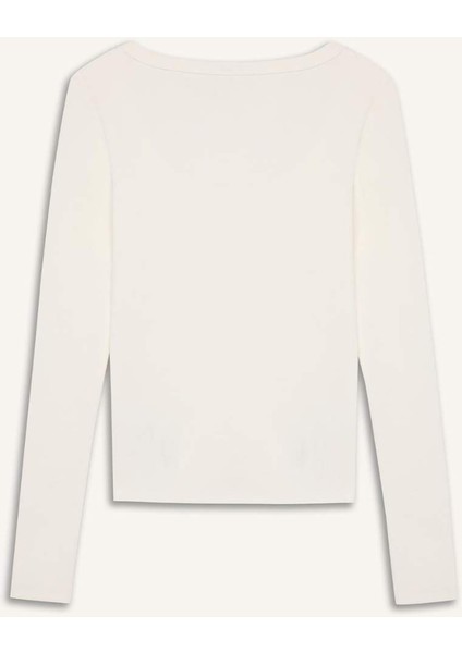 Slim Fit Dar Kesim Basic Düz Fitilli Kaşkorse Uzun Kollu Beyaz Tişört E5768AX25SP