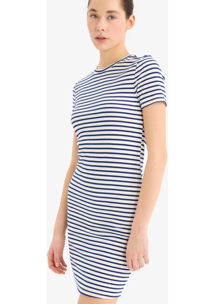 Coool Bodycon Vücudu Saran Bisiklet Yaka Çizgili Fitilli Kaşkorse Kısa Kollu Mini Elbise