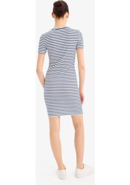 Coool Bodycon Vücudu Saran Bisiklet Yaka Çizgili Fitilli Kaşkorse Kısa Kollu Mini Elbise