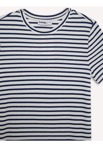 Coool Bodycon Vücudu Saran Bisiklet Yaka Çizgili Fitilli Kaşkorse Kısa Kollu Mini Elbise