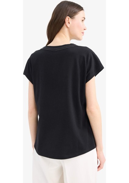 Bisiklet Yaka Basic Düz Flamlı Pamuk Kısa Kollu Tişört