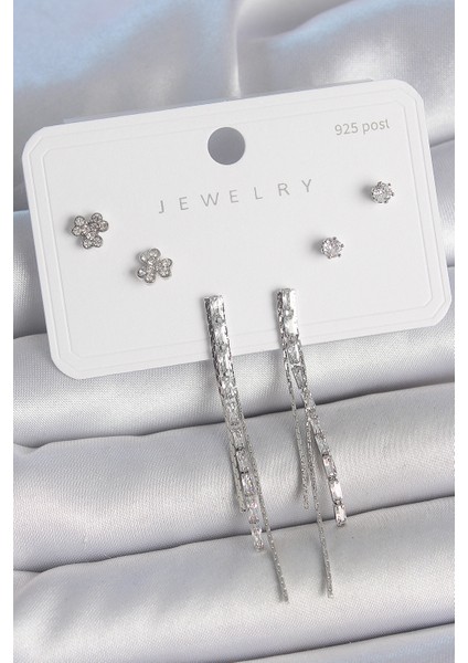 Pirinç Gümüş Renk Su Yolu Zirkon Taşlı Sallantı Model Çiçek Detay 925 Ayar Gümüş Çivi Kadın Küpe Seti - TJ-BKP10491 fırsatları