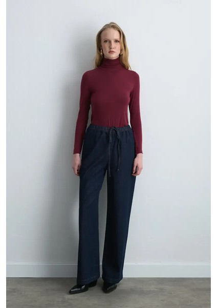 Beli Lastikli Bol Paça Denim Pantolon - Mavi