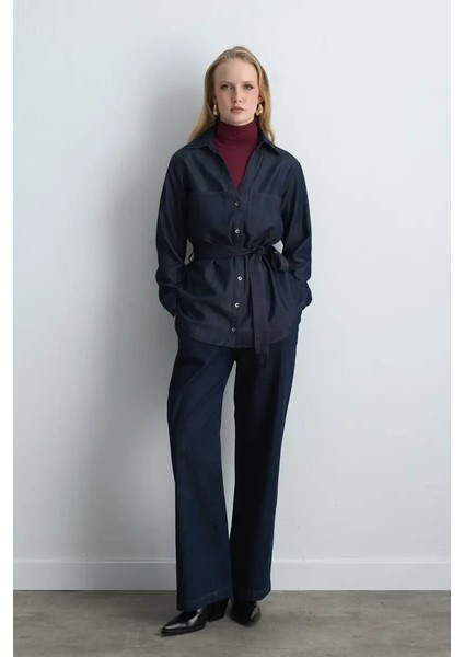 Beli Lastikli Bol Paça Denim Pantolon - Mavi