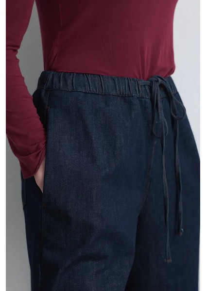 Beli Lastikli Bol Paça Denim Pantolon - Mavi