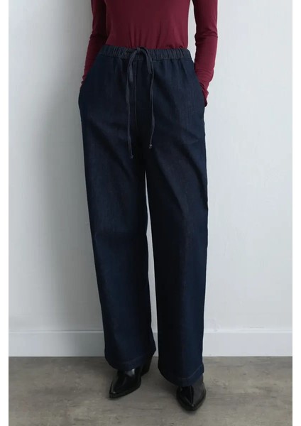 Beli Lastikli Bol Paça Denim Pantolon - Mavi