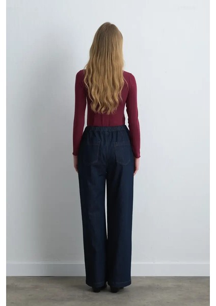 Beli Lastikli Bol Paça Denim Pantolon - Mavi