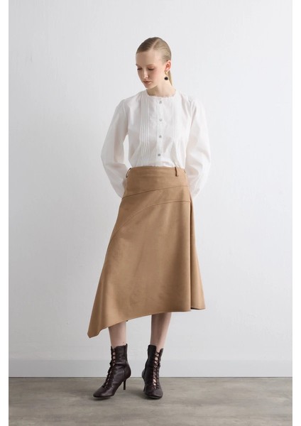 Asimetrik Kesim Suni Süet Etek - Bej