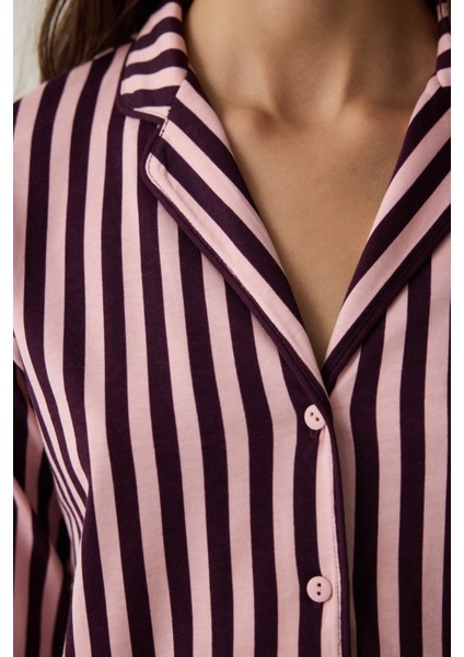 Pembe Maroon Çizgili Gömlek Yaka Pamuklu Pijama Takımı