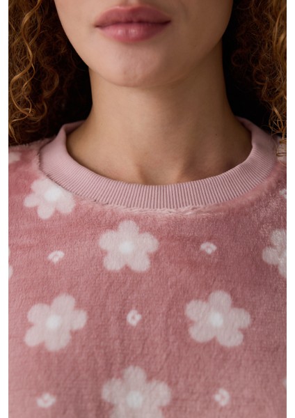 Pembe Pretty Daisies Çiçekli Bisiklet Yaka Uzun Kollu Pijama Takımı