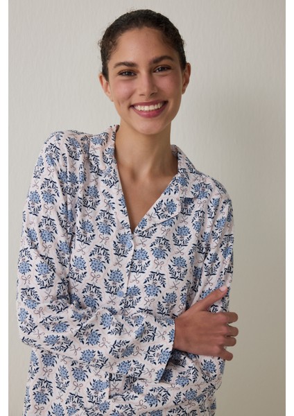 Açık Mavi Blue Flowers Uzun Kollu Gömlek Pijama Takımı