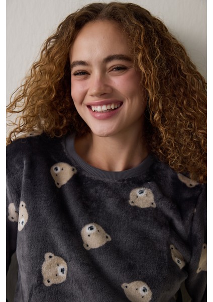 Koyu Gri Ayı Desenli Uzun Kollu Pijama Takımı