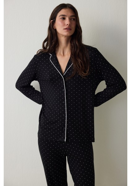 Siyah Puantiye Desenli Uzun Kollu Gömlek Pijama Takımı