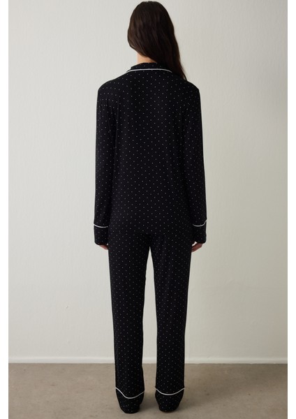 Siyah Puantiye Desenli Uzun Kollu Gömlek Pijama Takımı