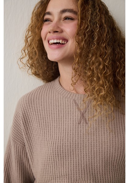 Koyu Bej Mocha Waffle Bisiklet Yaka Termal Etkili Pijama Takımı