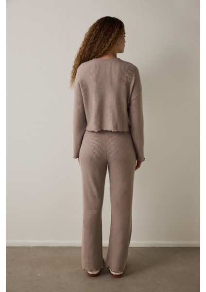 Koyu Bej Mocha Waffle Bisiklet Yaka Termal Etkili Pijama Takımı