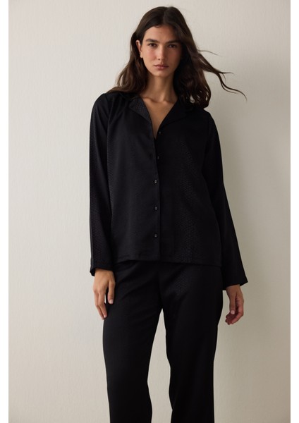 Siyah Fleur Saten Gömlek Yaka Uzun Kollu Pijama Takımı