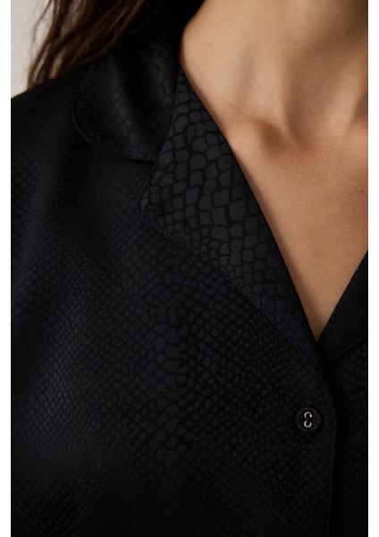 Siyah Fleur Saten Gömlek Yaka Uzun Kollu Pijama Takımı