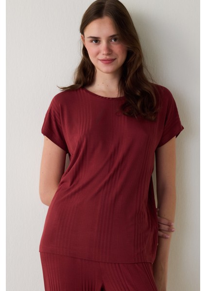 Bordo Freya Bisiklet Yaka Kısa Kol Pijama Takımı