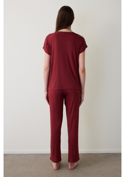 Bordo Freya Bisiklet Yaka Kısa Kol Pijama Takımı