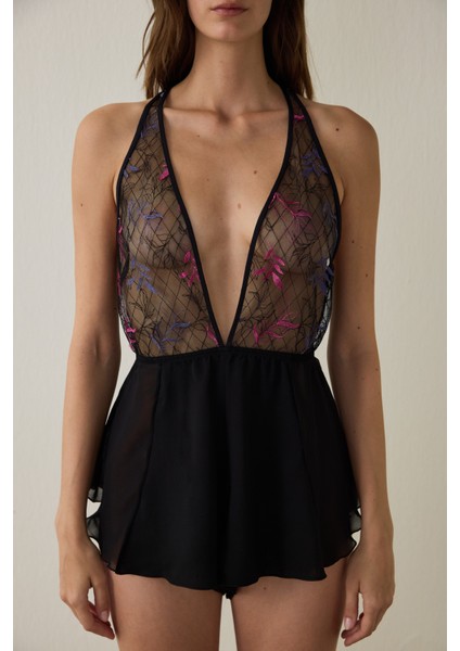 Siyah Broderie Teddy Tulum