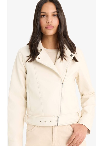 Regular Fit Fermuarlı Suni Deri Ceket Mont E8530AX25AU