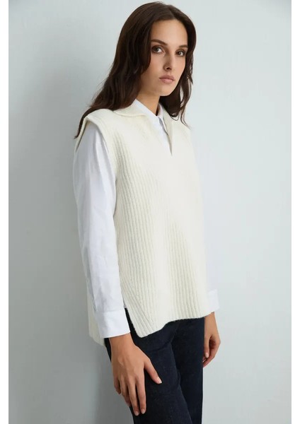 Yünlü Triko Süveter - Ekru
