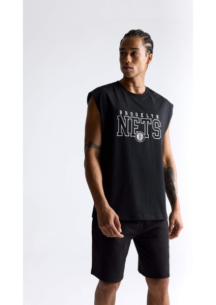 %100 Pamuk DeFactoFit NBA Brooklyn Nets Oversize Geniş Kalıp Bisiklet Yaka Atlet