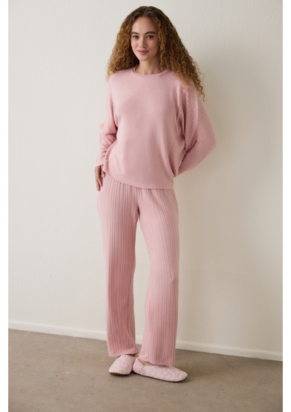 Pembe Bisiklet Yaka Uzun Kol Pijama Takımı