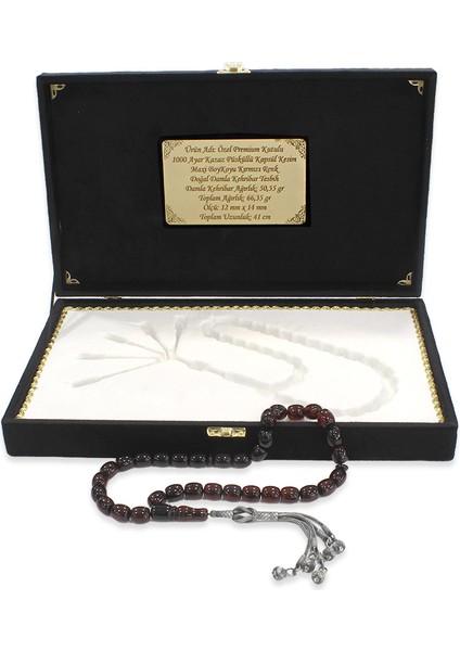 Premium Kutulu Gümüş Kazaz Püsküllü Kapsül Kesim Maxi Boy Kırmızı Renk Doğal Damla Kehribar Tesbih