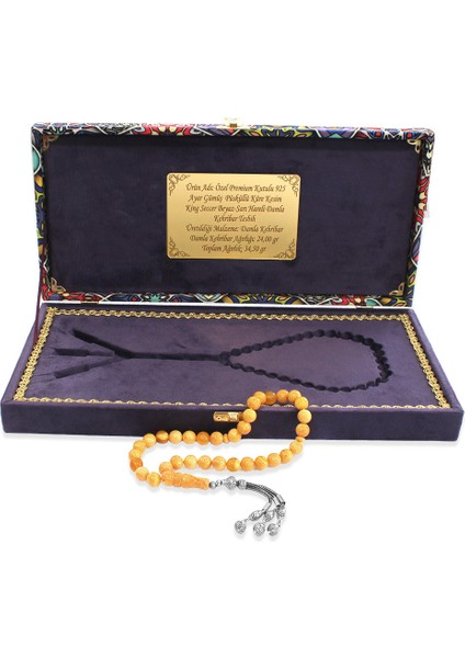 Damla Kehribar Tesbih - 925 Ayar Gümüş Püsküllü - Küre Kesim - King Seccer - Premium Kutulu