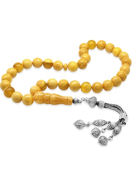 Damla Kehribar Tesbih - 925 Ayar Gümüş Püsküllü - Küre Kesim - King Seccer - Premium Kutulu fiyatları