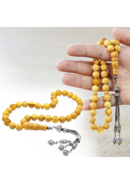 Damla Kehribar Tesbih - 925 Ayar Gümüş Püsküllü - Küre Kesim - King Seccer - Premium Kutulu fırsatları