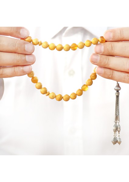 Damla Kehribar Tesbih - 925 Ayar Gümüş Püsküllü - Küre Kesim - King Seccer - Premium Kutulu indirimleri