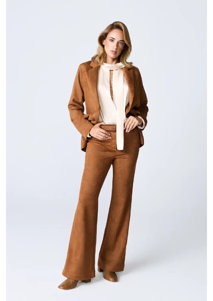 Geniş Paçalı Suni Süet Pantolon - Taba