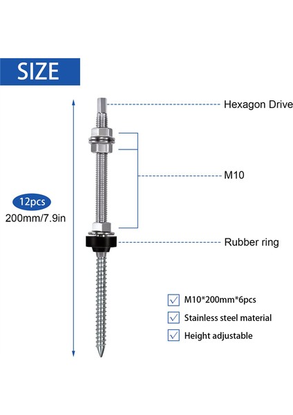 Askı Cıvataları, M10 x 200 Mm, Önceden Monte Edilmiş, V2A, Yükseklik Ayarlanabilir, Fotovoltaik Güneş Montaj Çatıları Için 8 Paket (Yurt Dışından) fiyatları