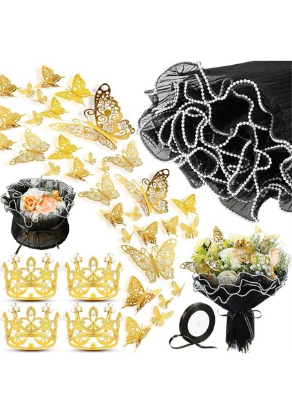 Çiçek Buket Aksesuarları Arasında 11X157INCH Inci Kenar Kırışmış Çiçek Sarma Mesh Kağıdı 4 Çiçek Taç 12 Kelebek (Yurt Dışından) fiyatları