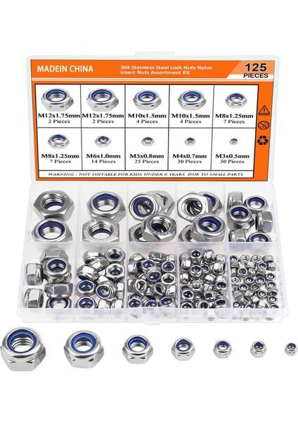 125PCS Naylon Altıgen Kilit Somun Seti 304 Paslanmaz Çelik Nakknut M3 M 4 M5 M6 M8 M10 M12 Altıgen Kendi Naylon Kilitleme Somunu (Yurt Dışından)