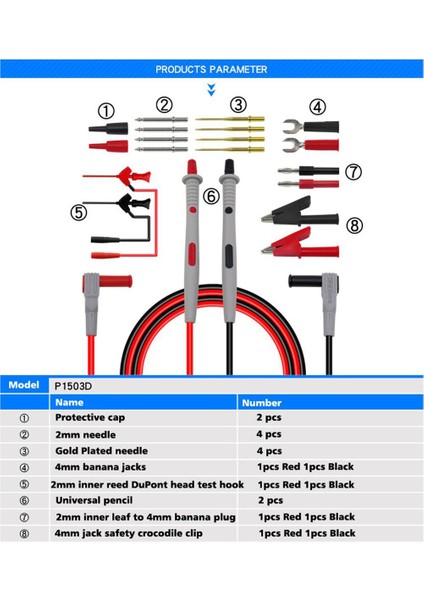 P1503D Multimetre Probları Değiştirilebilir Iğneler Test Kurşunları Kitler Dijital Multimetre Kablo Feeler Için Problar Multimetre Tel Uçları (Yurt Dışından) modelleri