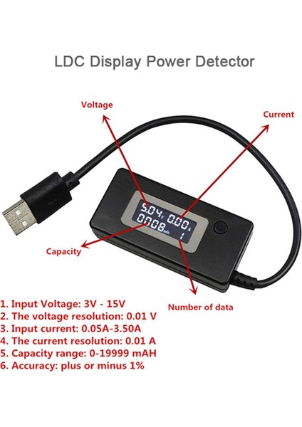 USB Voltaj/amper Güç Ölçer Test Cihazı Multimetre Dijital Multimetre USB 2.0 Çok Fonksiyonlu Elektrik Test Cihazı Kapasitesi. (Yurt Dışından) modelleri