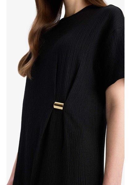 Regular Fit Bisiklet Yaka Basic Düz Bürümcük Kısa Kollu Midi Yazlık Elbise