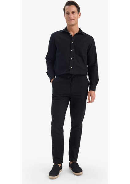 %100 Pamuk Slim Fit Beli Lastikli Keten Görünümlü Cepli Düz Paça Jogger Pantolon D2671AX25AU