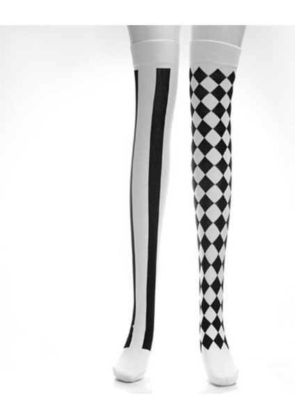 Kadınlar Palyaço Asimetrik Dikey Çizgili Diz Uzun Çorap Uyluk Yüksek Çoraplar Cadılar Bayramı Cosplay Parti Kostümü (Yurt Dışından) fırsatları