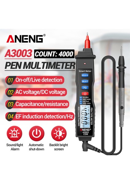 Aneng A3003 Dijital Multimetre Kalem Tipi Ölçer 4000 Sayım Kontakt Olmayan Ac/dc Voltaj Direnci Kapasitans Hz Test Merkezi Siyah (Yurt Dışından) fiyatları