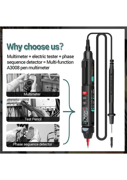 Aneng A3008 Dijital Multimetre Otomatik Akıllı Sensör Kalem Test Cihazı 6000 Sayım Kontak Voltaj Test Cihazı Multimetre (Yurt Dışından) fırsatları